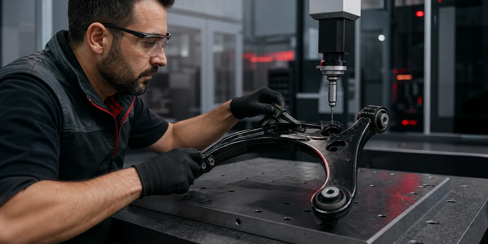 Quality-control technician measuring a suspension control arm